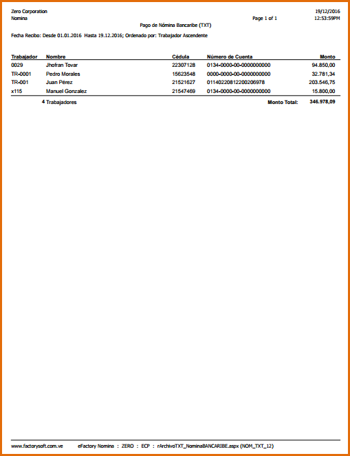 Reporte: Pago de Nómina Bancaribe (TXT)