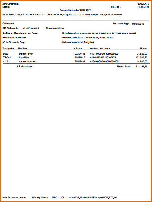 Reporte: Pago de Nómina BANESCO (TXT)