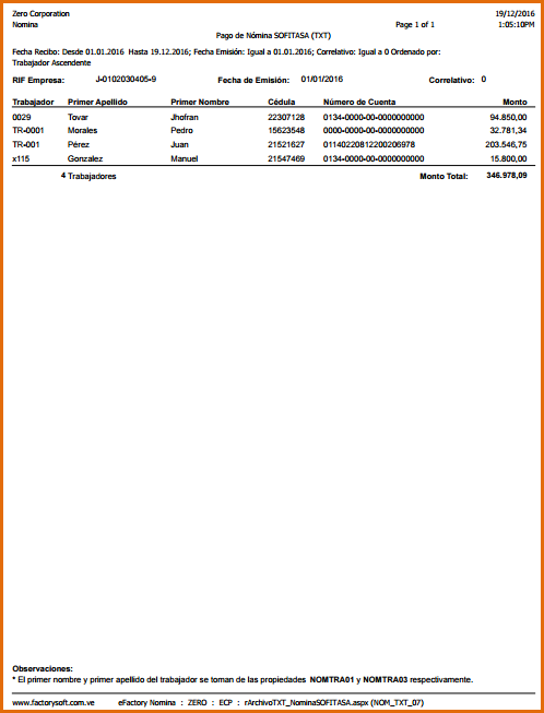 Reporte: Pago de Nómina SOFITASA (TXT)