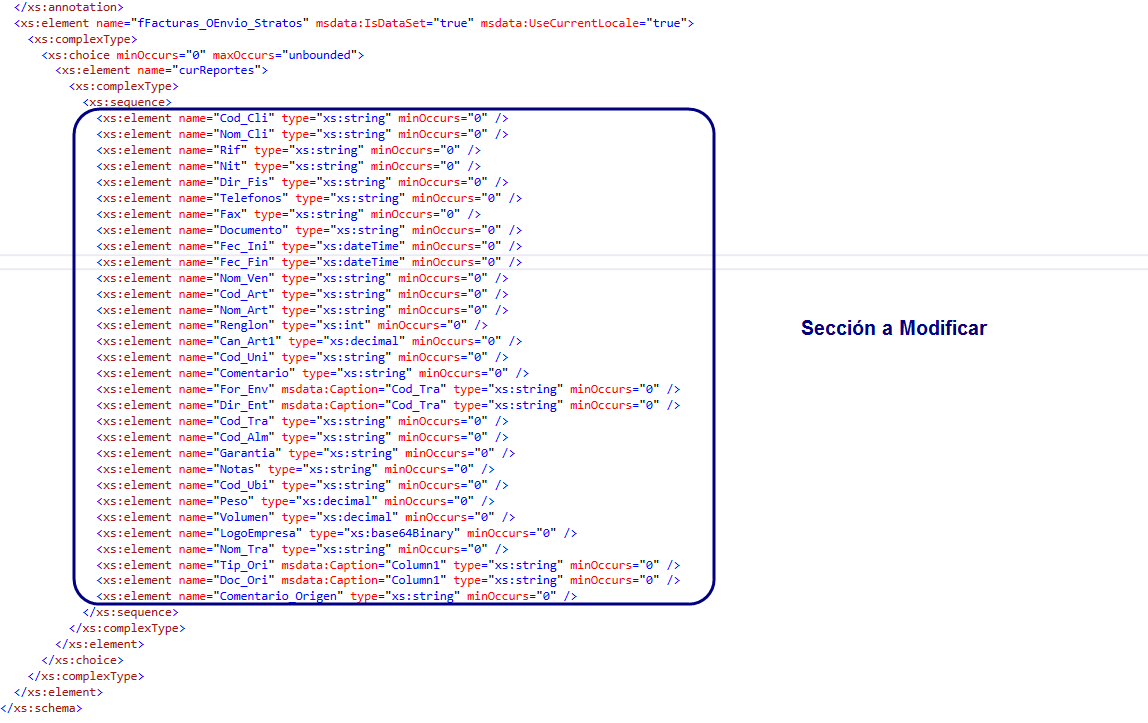 Sección a modificar en .xsd