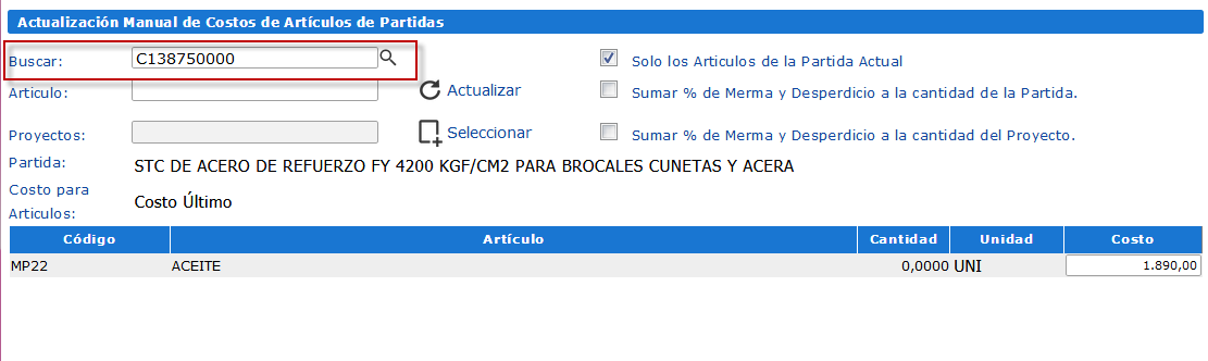 Opción Buscar del complemento Actualización Manual de Costos de Artículos de Partidas