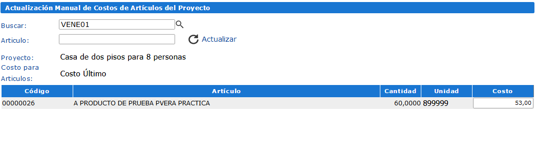 Campos: Buscar, Artículo, Proyecto, Costo para Artículo y Botón Actualizar