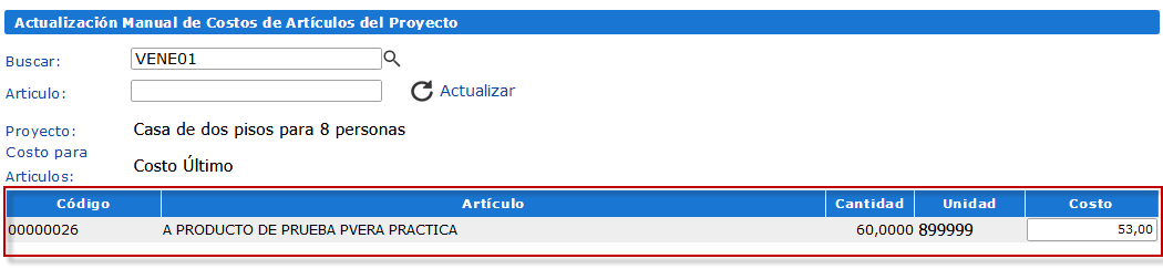 Lista de artículos asociados al proyecto