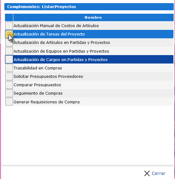 Ventana Complemento de Proyectos