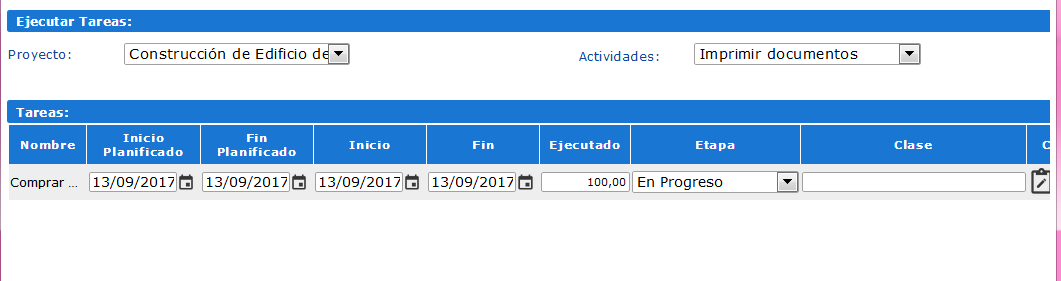 Ventana Actualización de Tareas del Proyecto