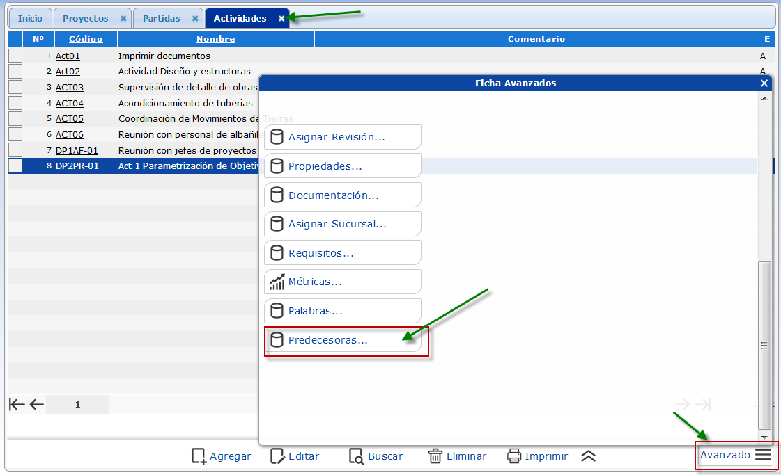 Ficha 'Avanzado' de la pantalla Actividades