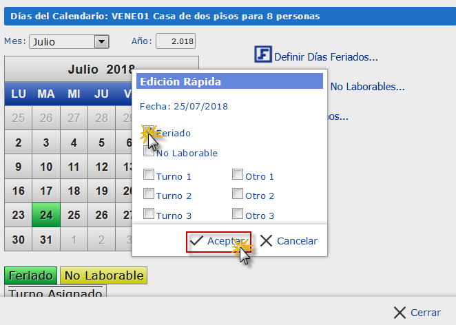 Modificacion de un dia en el calendario