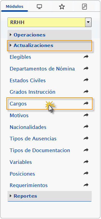 Seleccionando el modulo RRHH, Cargos