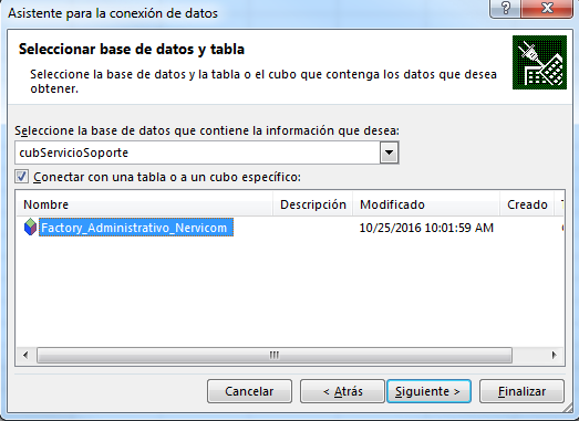 Asistente para la Conexión, Selección de Data y Cubo