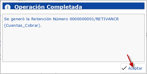 Mensaje generado al guardar los cambios de la retención aplicada