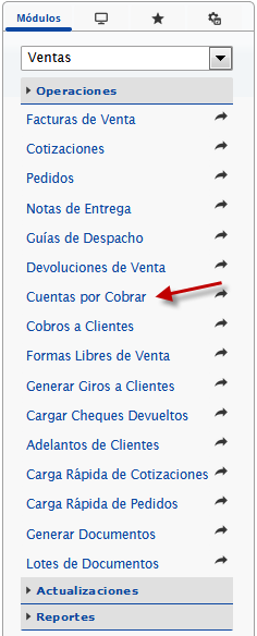 Seleccionando el modulo ventas, Cuentas por Cobrar