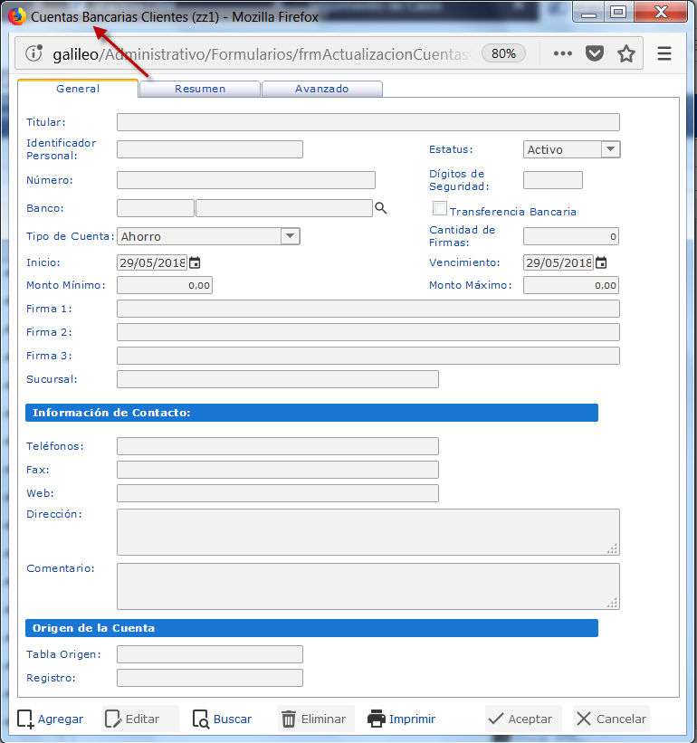 Ventana del formulario de Cuentas Bancarias de Clientes