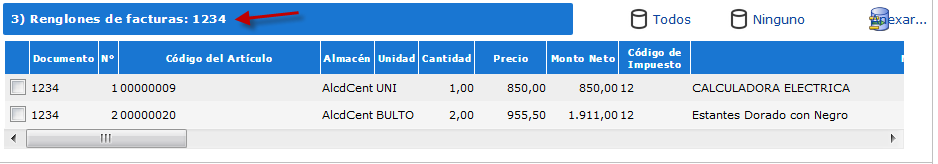 Sección Renglones de Facturas