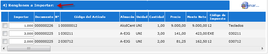 Sección Renglones a Importar