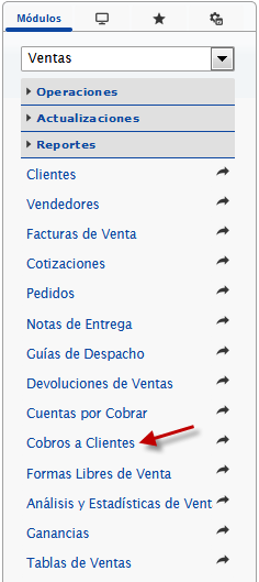 Seleccionando el modulo ventas, cobros a clientes