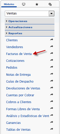 Seleccionando el modulo ventas, Facturas de Ventas
