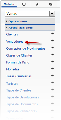 Seleccionando el modulo ventas, Vendedores