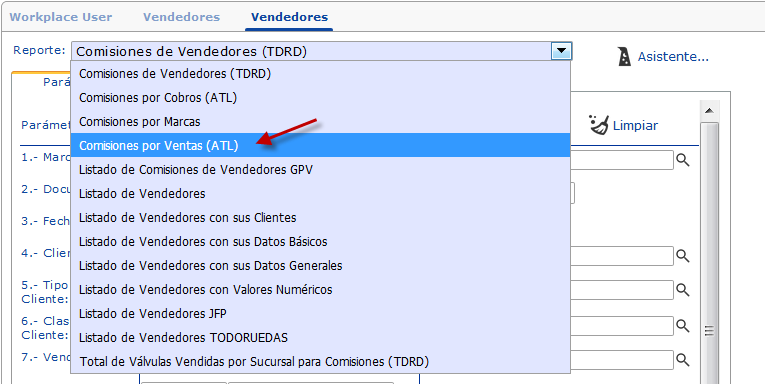 Seleccionando Reporte de Comisiones por Ventas