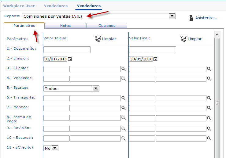 Campos para emitir un reporte de comisiones a vendedores