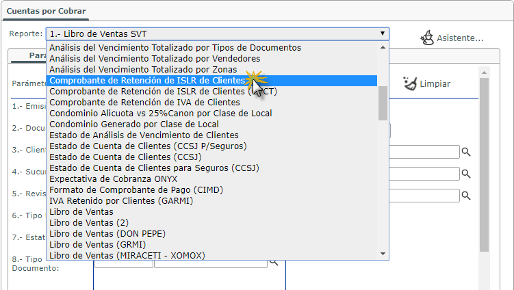 Opcion Comprobante de Retenciones de impuestos IVA