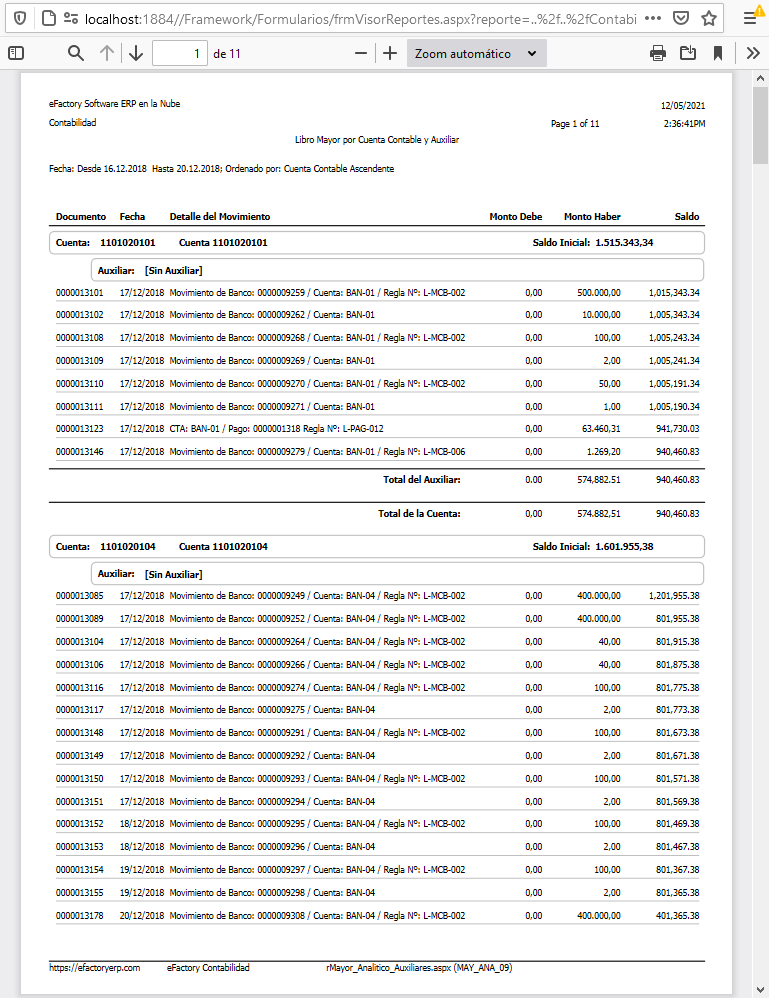 Reporte Libro Mayor por Cuenta Contable y Auxiliar