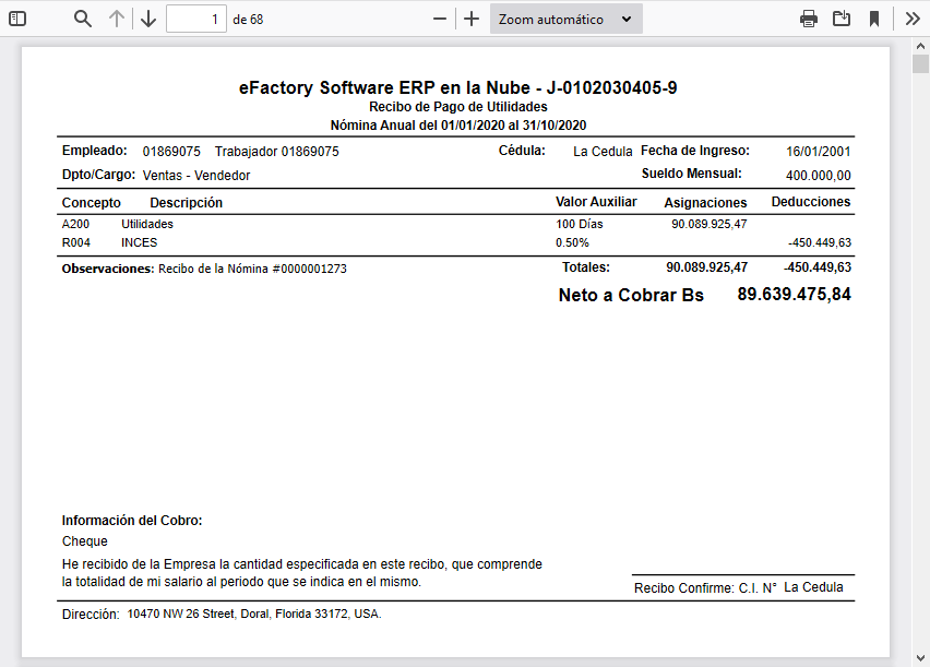 Recibo de Pago en Lote de Utilidades (CGS)