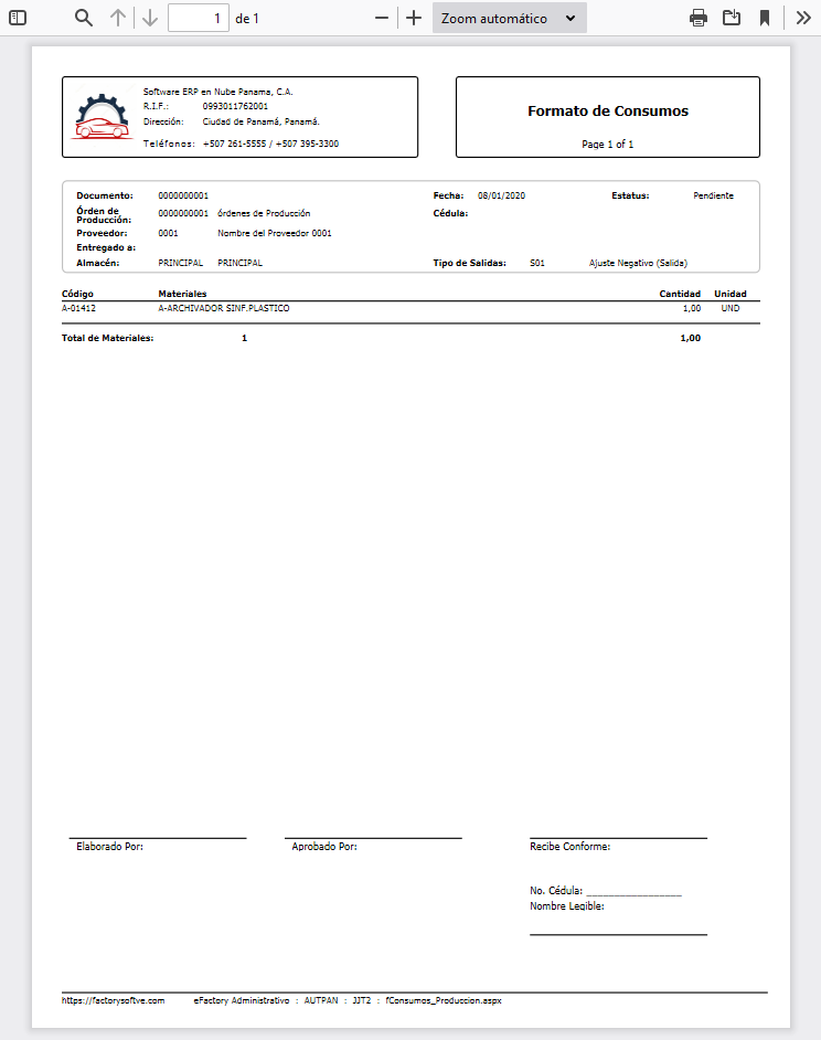 Ejemplo de Formato de Requisición de Materiales en eFactory Producción