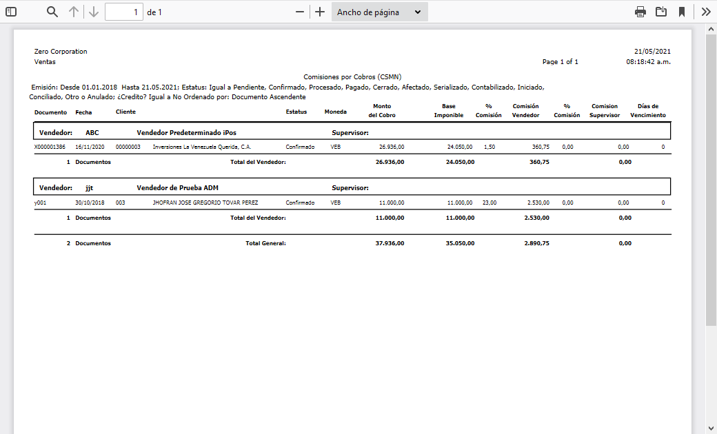 Reporte Comisiones por Cobros (CSMN)