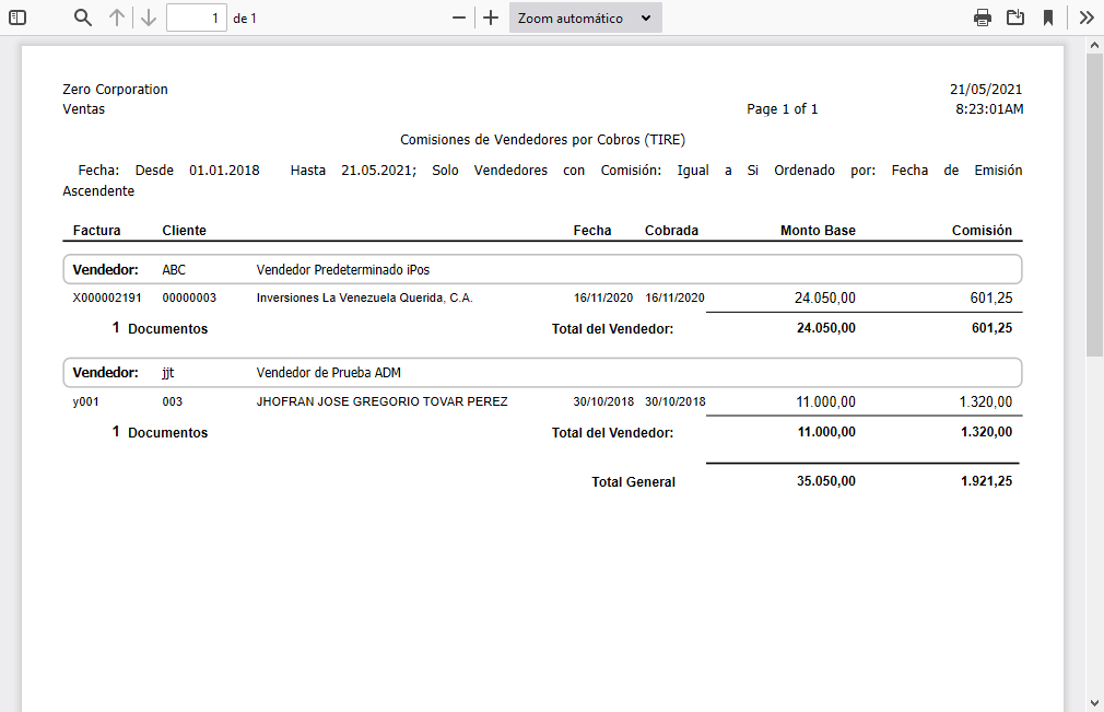 Reporte Comisiones de Vendedores por Cobros (TIRE)