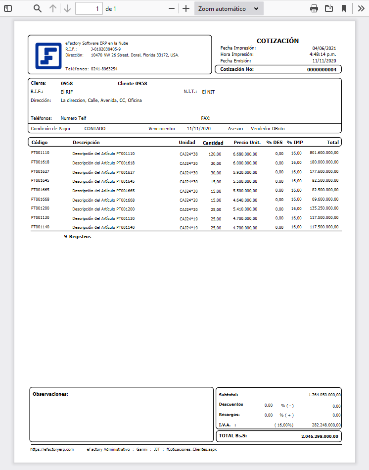 Formato de Cotizaciones a Clientes