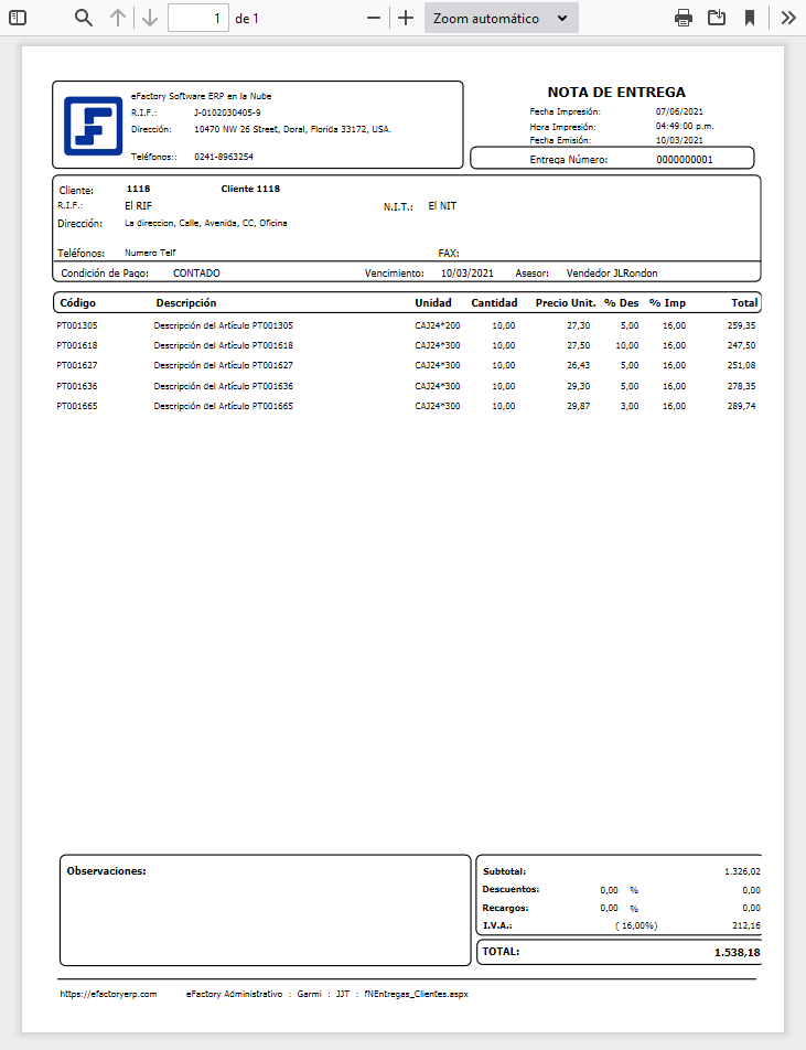 Formato de Nota de Entregas a Clientes