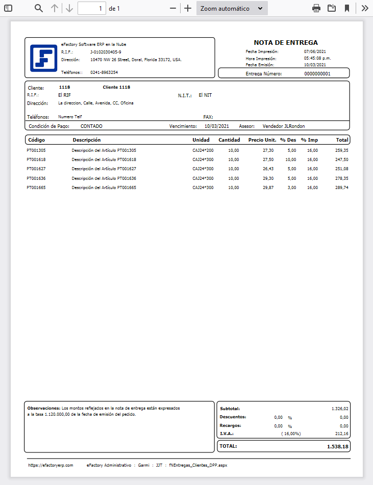 Formato de Nota de Entrega a Clientes (DPP)