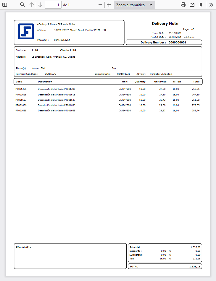 Formato de Nota de Entrega a Clientes en Ingles