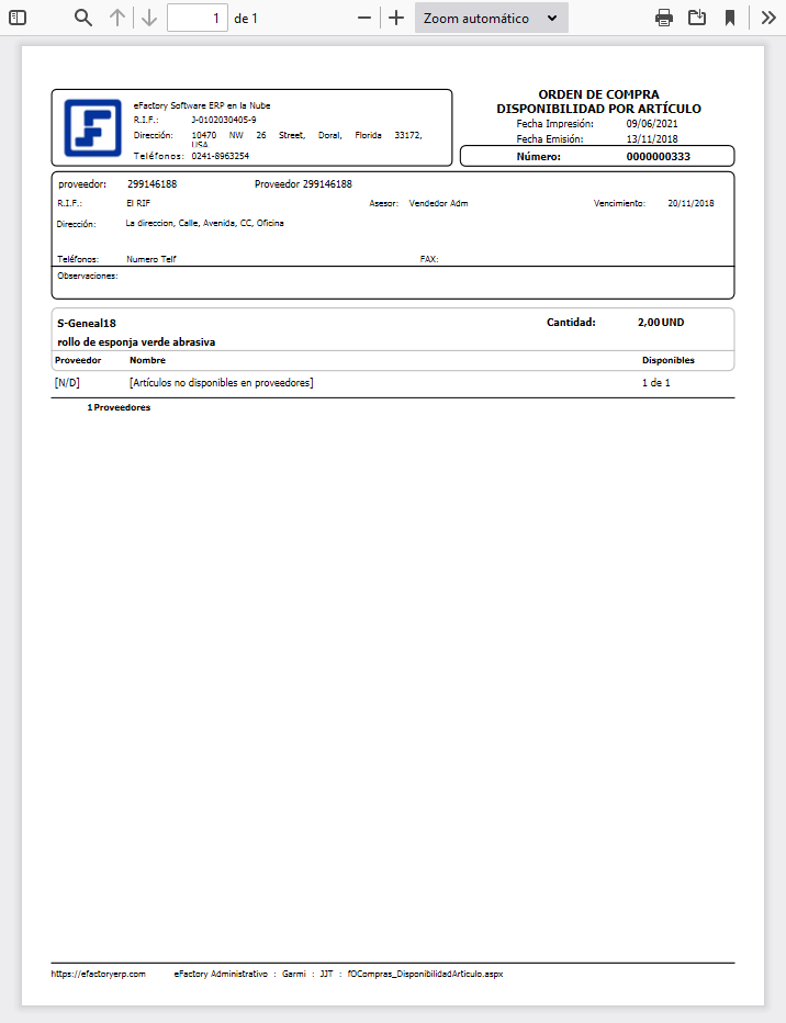 Formato Órdenes de Compras - Disponibilidad de Artículos por Artículo