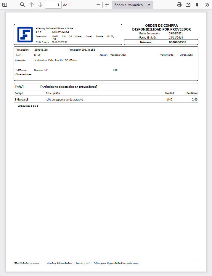 Formato Órdenes de Compras - Disponibilidad de Artículos por Proveedores