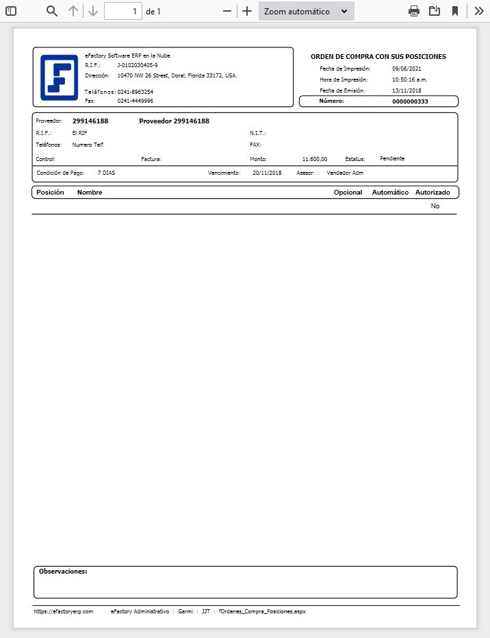 Formato de Órdenes de Compras con sus Posiciones