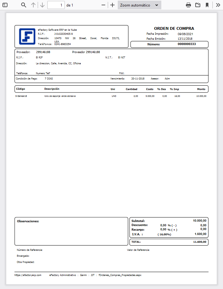 Formato de Órdenes de Compras con Propiedades