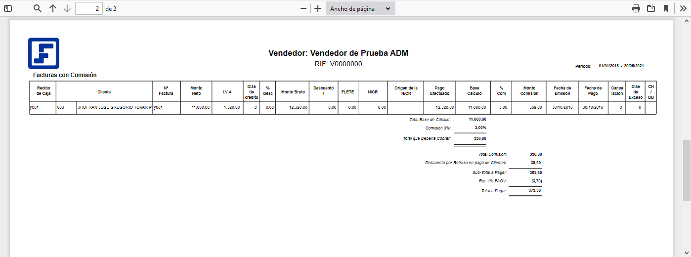 Reporte Listado Comisiones Vendedores GPV