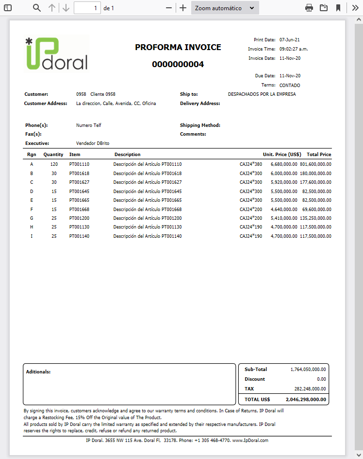 Proforma Invoice (LIRIO/Doral)
